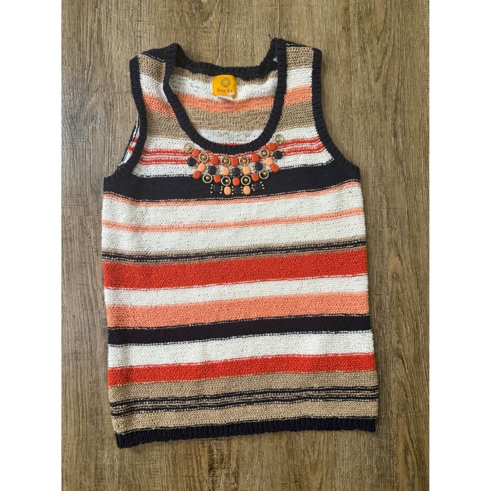 Ruby Rd Womens Medium Knit Tank Top Beaded Bib Stripe Sleeveless Sweater Orange